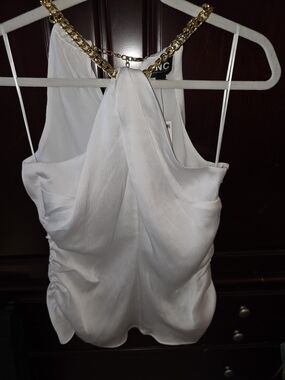 NWT INC White Sleeveless Top with Gold Chain Detail Side Zip And Rouchinh Sz S